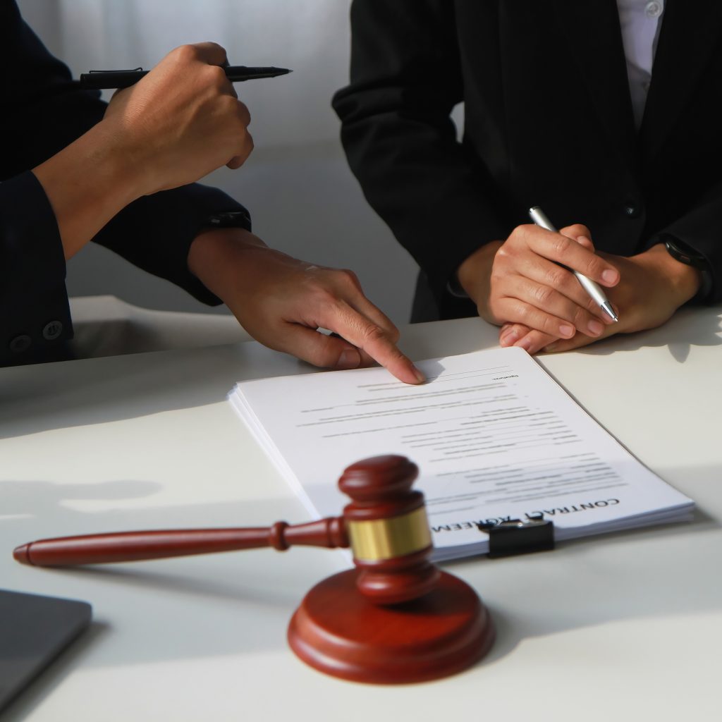 Two women reviewing a legal document.