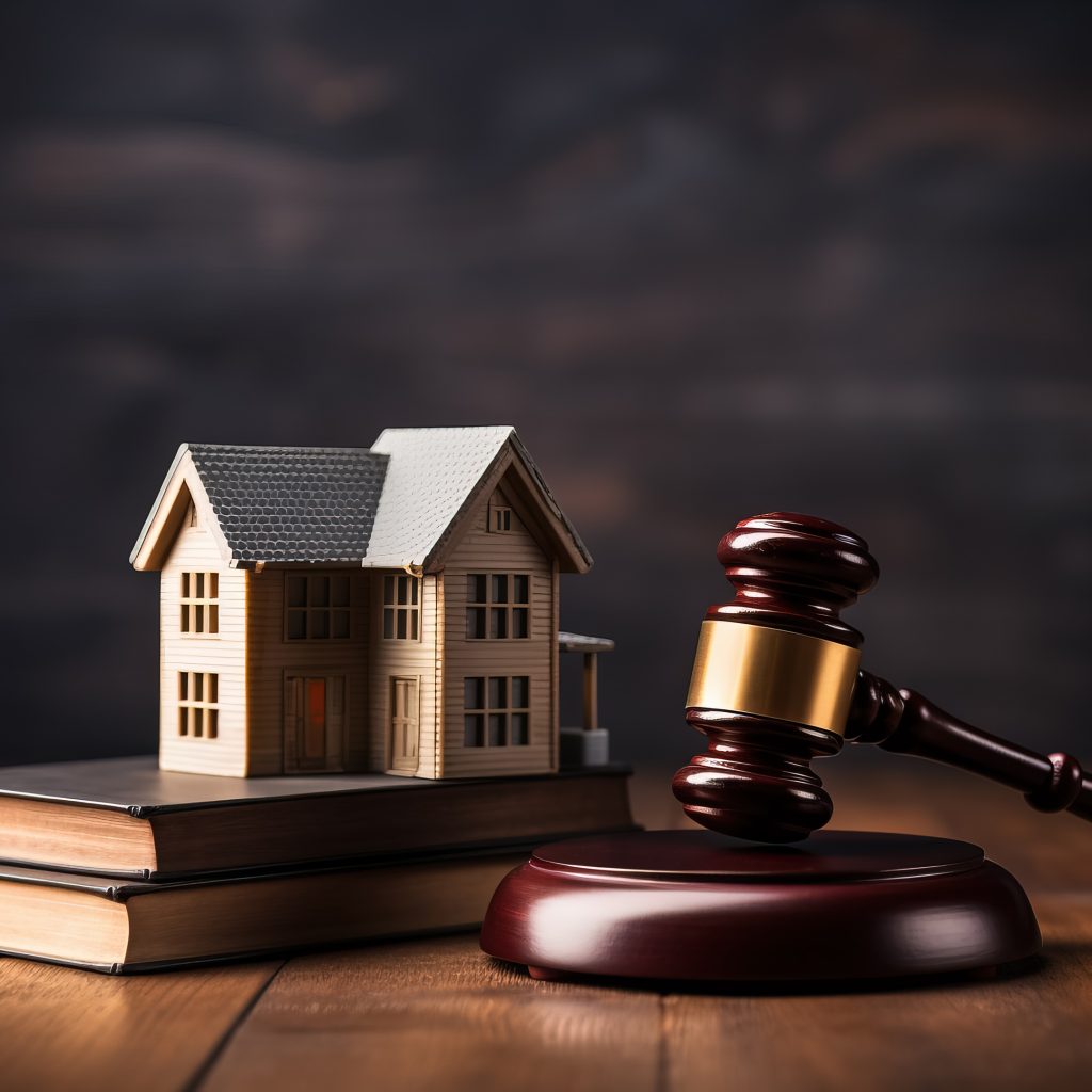 Gavel, law books, and a house, symbolizing legal expertise in real estate.